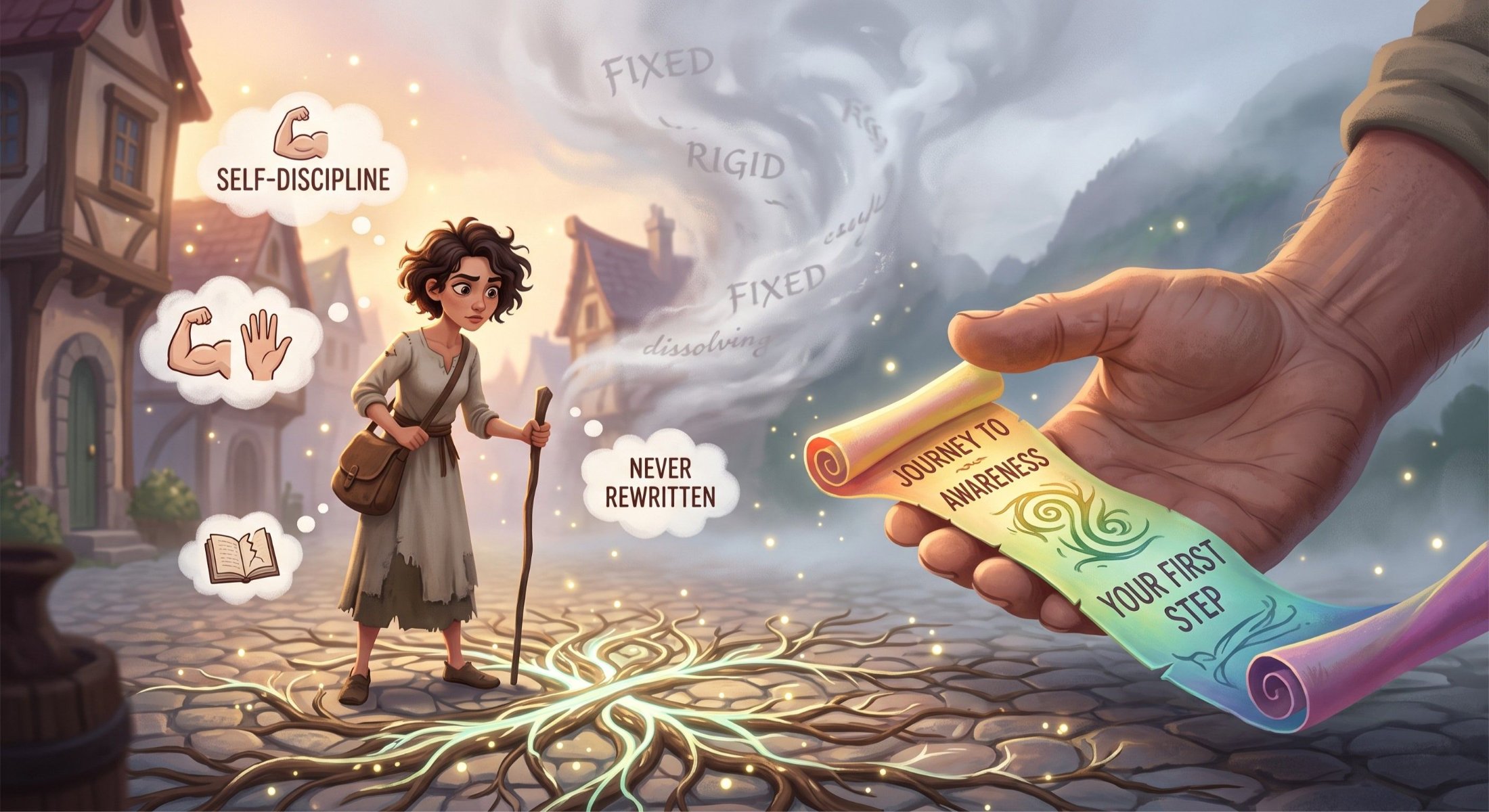 Identity Over Discipline: Rewire Your Giant Self Person reflecting deeply, symbolizing an identity shift from self-doubt to personal growth and conscious self-awareness
