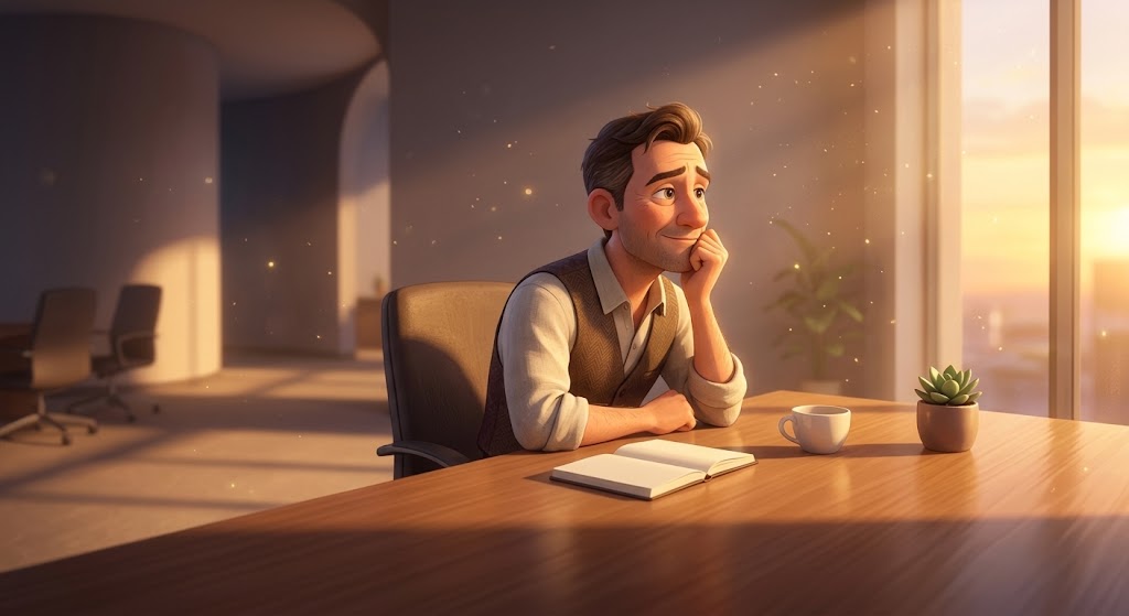 Midlife Job Loss: Grief Beyond the Paycheck at 40 A 40-year-old professional sitting alone at an empty desk, reflecting on identity and career loss after a midlife layoff