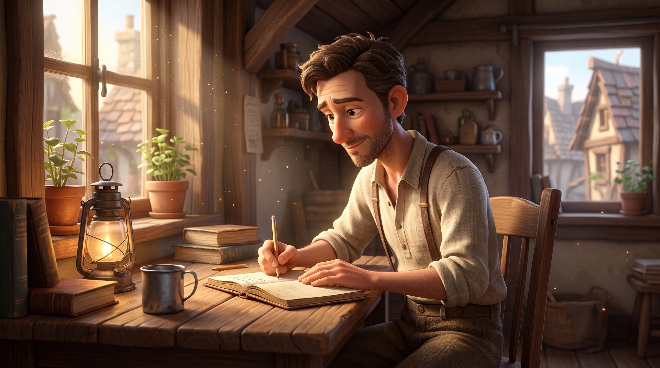 Person taking a small first step toward self-improvement, writing a single sentence in a notebook at a quiet desk