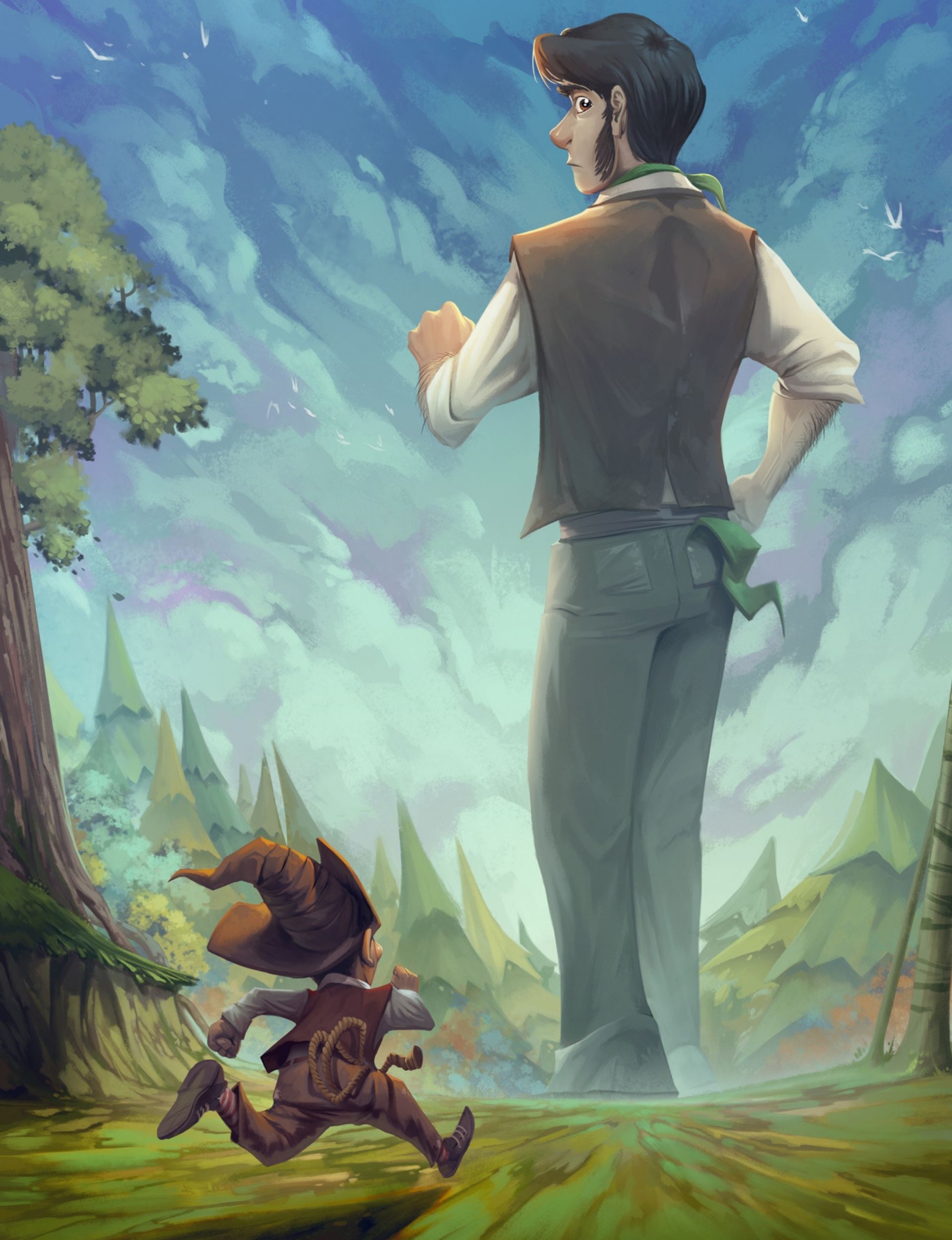 A Small runs after his Giant, who strides ahead through the mountain valley