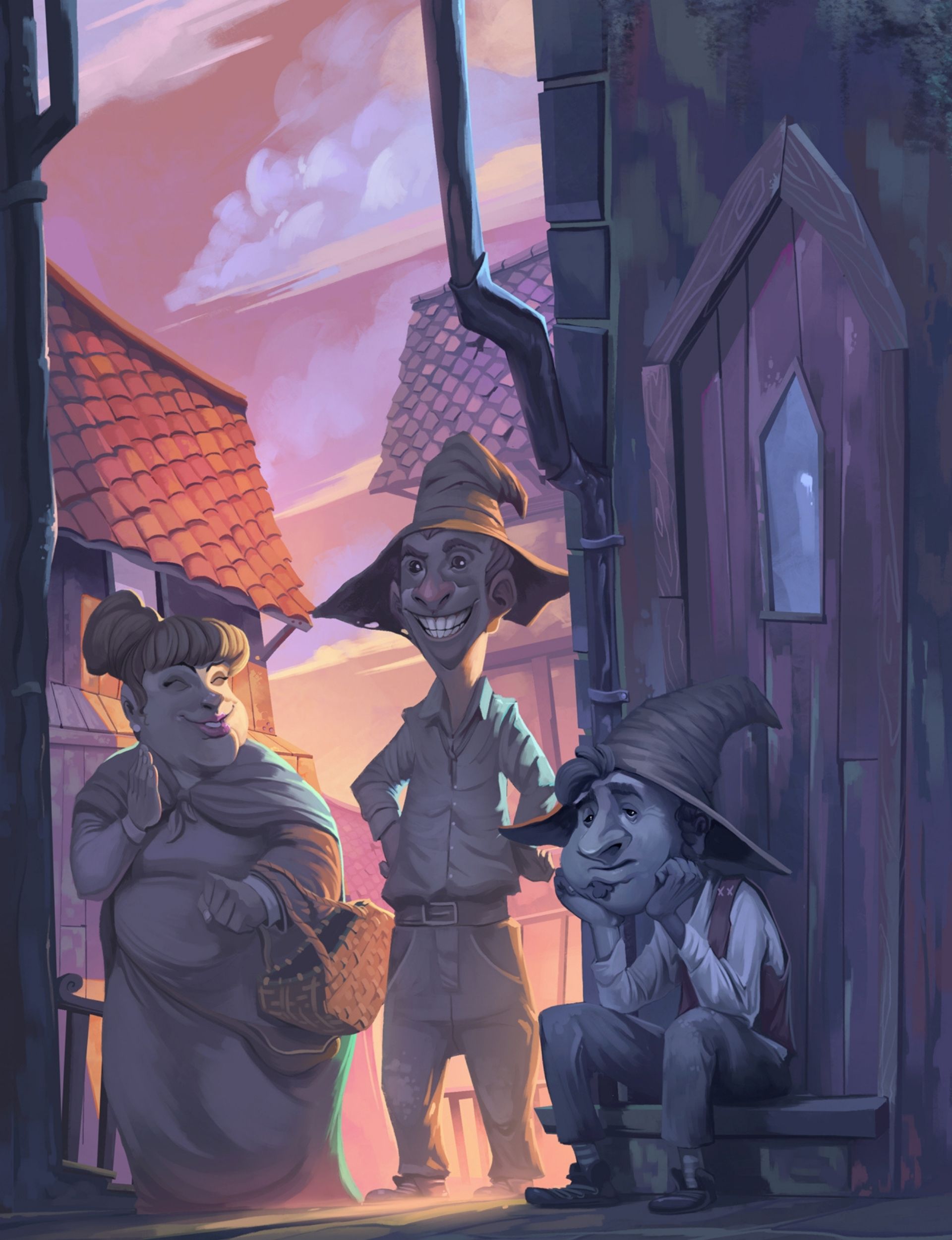Three townsfolk in a narrow lane — two doubtful, one smiling anyway