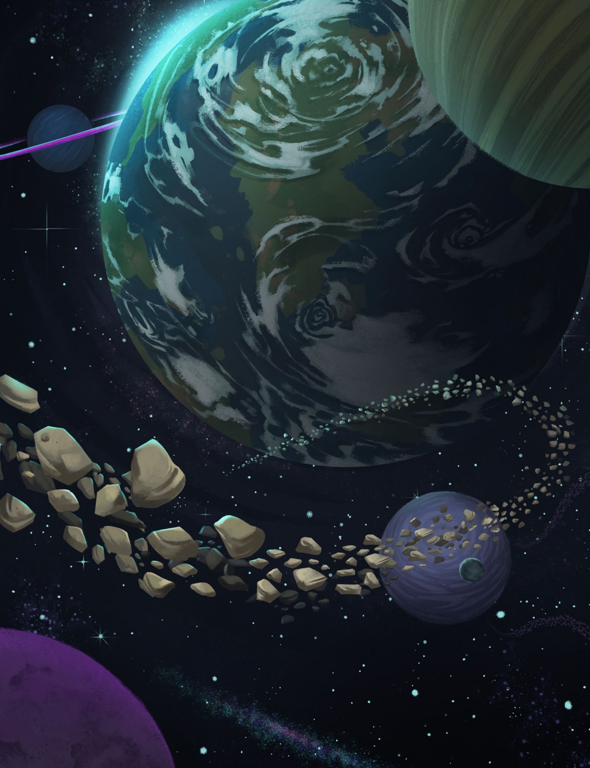 Planets and drifting starlight above the Giants' world