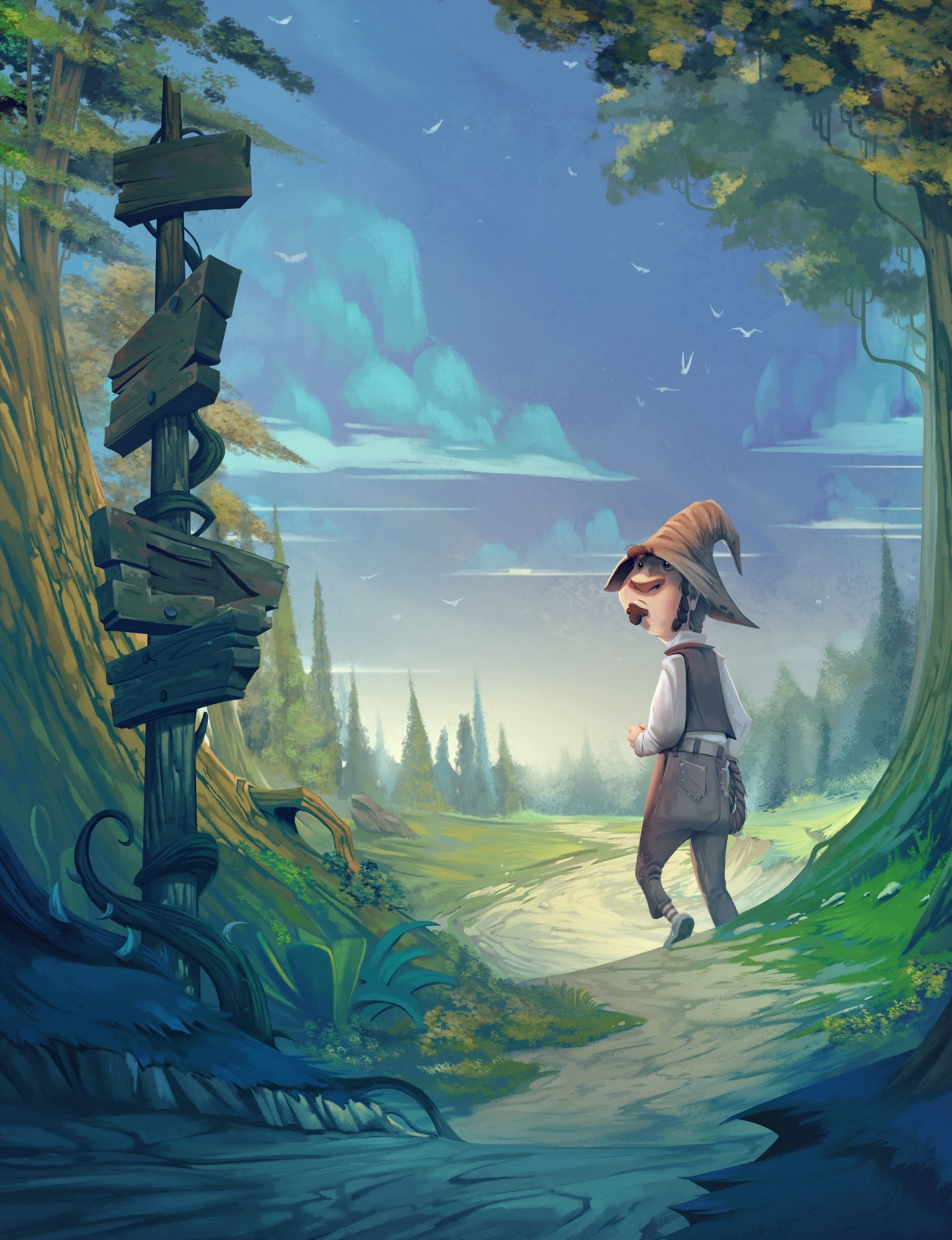 A traveler pauses at a forest crossroads beside a stack of wooden signposts