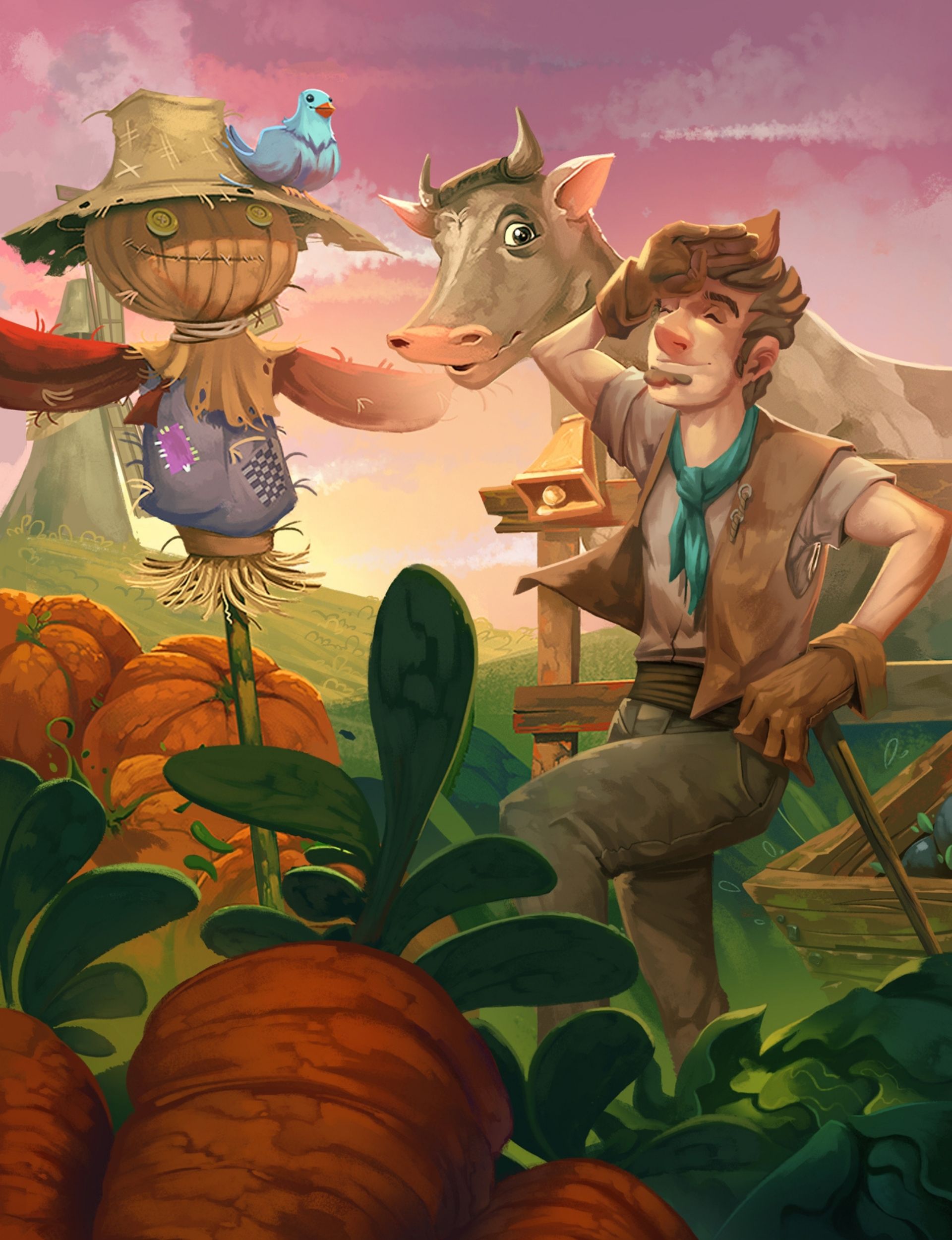 A farmer shields his eyes beside his cow and scarecrow in the morning fields