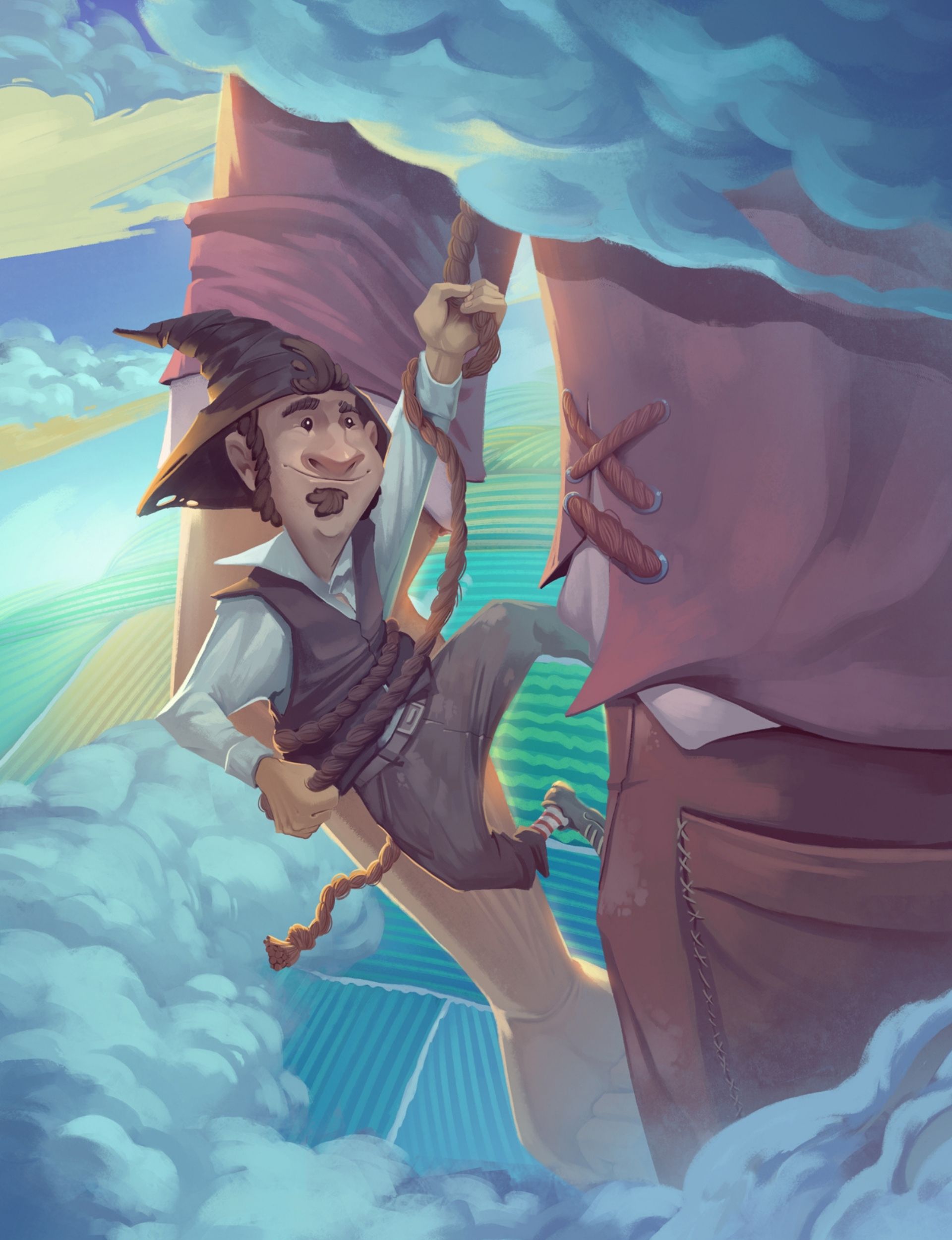 A Small climbs his Giant on a rope, high above the patchwork fields