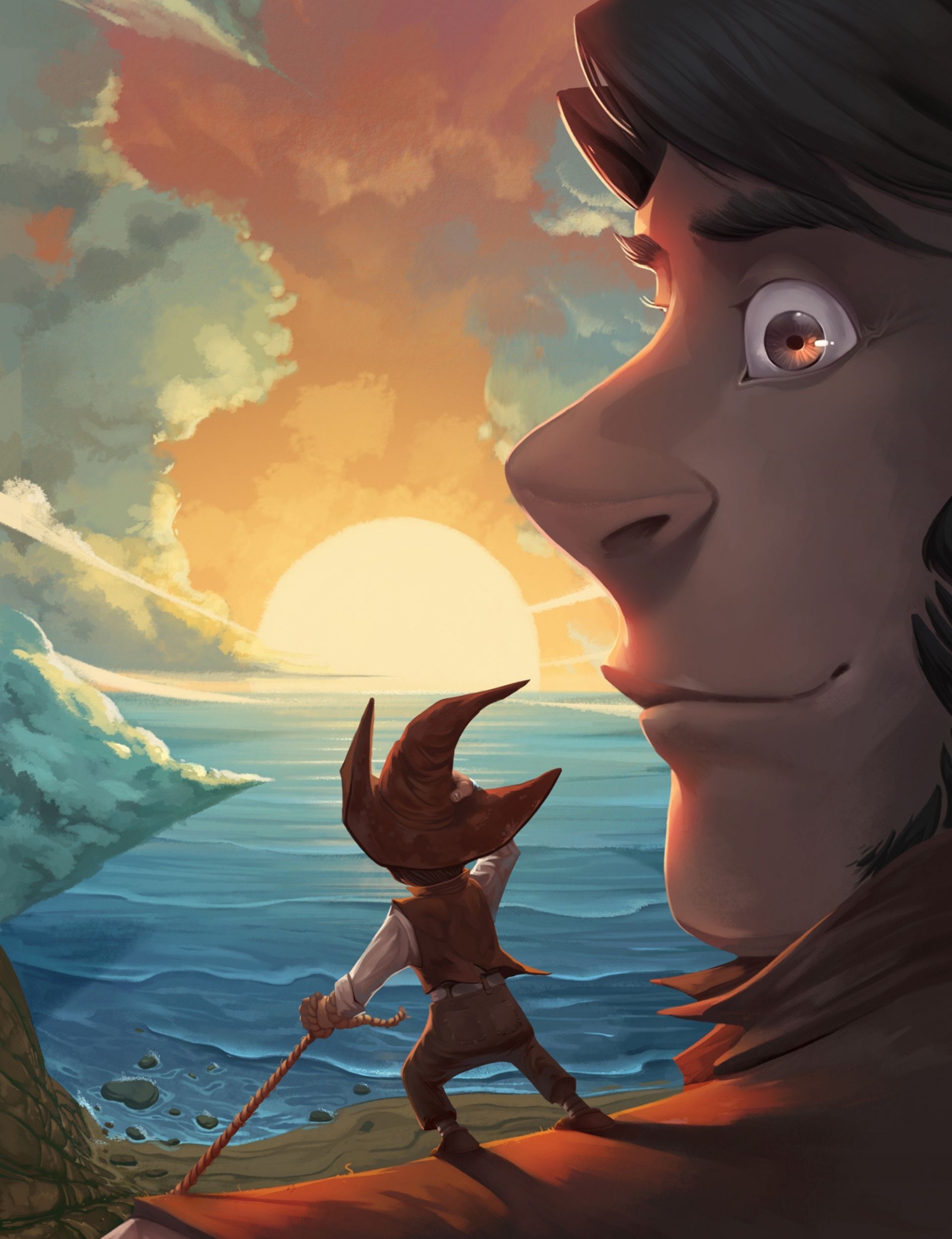 A Small stands face-to-face with his Giant above the sea at sunset